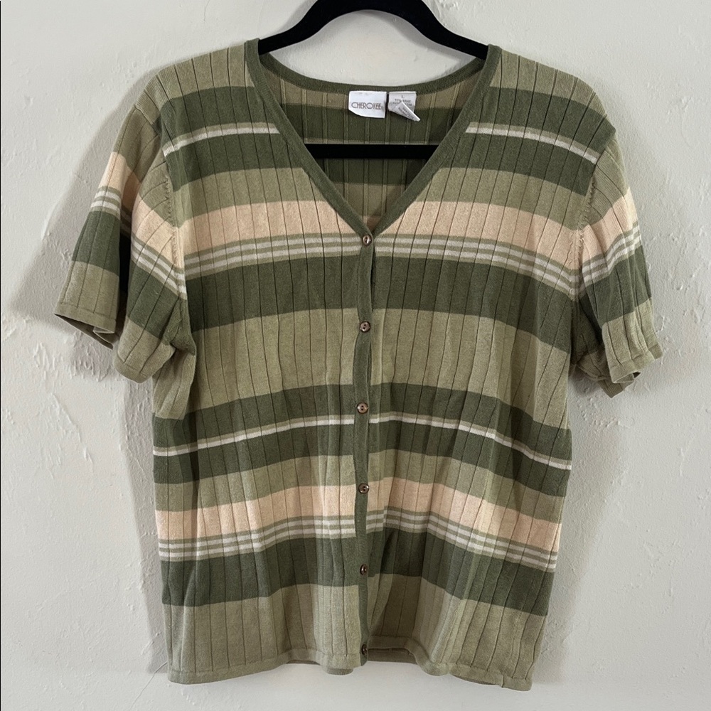 Cherokee Olive and Cream Striped Knit Short Sleeve Top